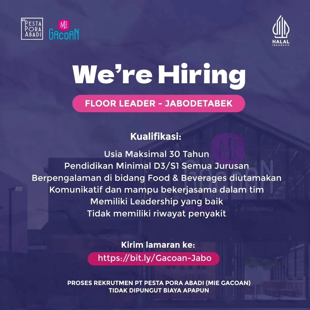 Lowongan Kerja Mie Gacoan Penempatan di Jabodetabek
